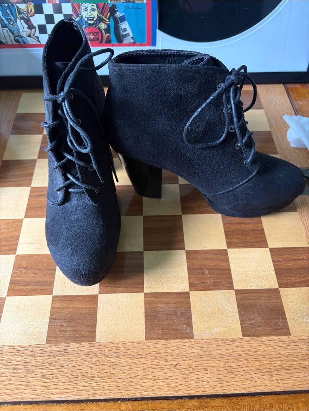 Black Suede Lace-Up Ankle Booties